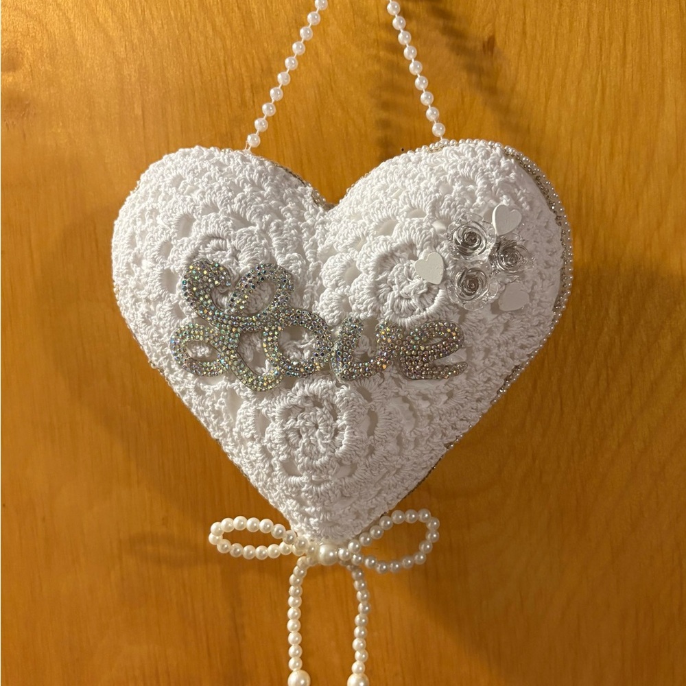 White Heart-Shaped Crochet Wall Hanging
